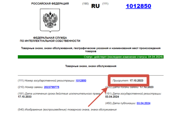 указание даты приоритета в свидетельстве на товарный знак